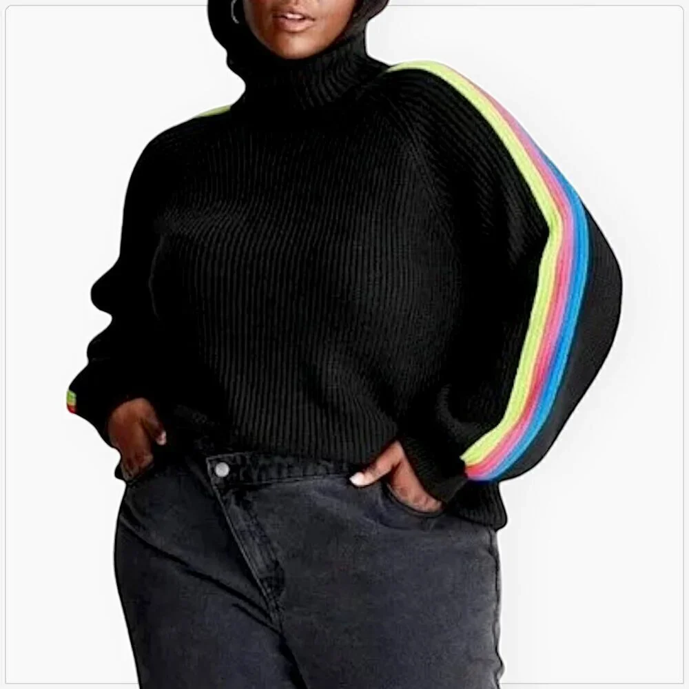 Future Collective Kahlana Barfield Brown Neon Striped Turtleneck Sweater NWT 4X